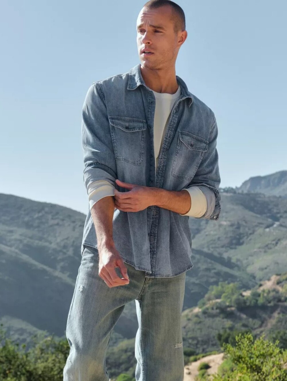Men's Denim Long Sleeve Layer Button-Down Shirt - Goodfellow & Co™ Light Indigo